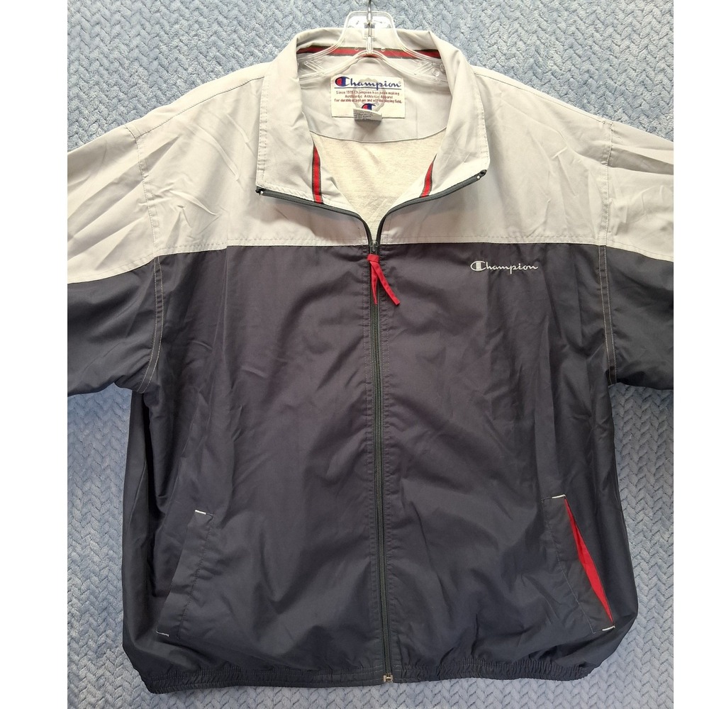 Champion Mens XL Windbreaker Jacket Navy Grey Colorblock Full Zip Athletic Coat